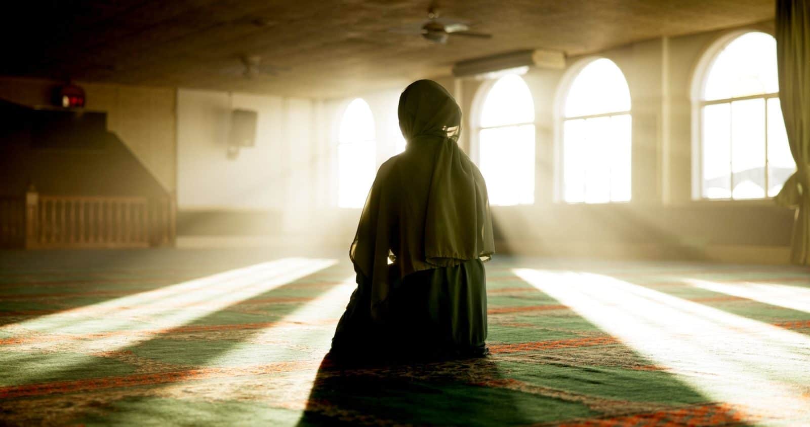Islamic woman, back or praying to worship in Mosque for Palestine, support or gratitude to Allah. H